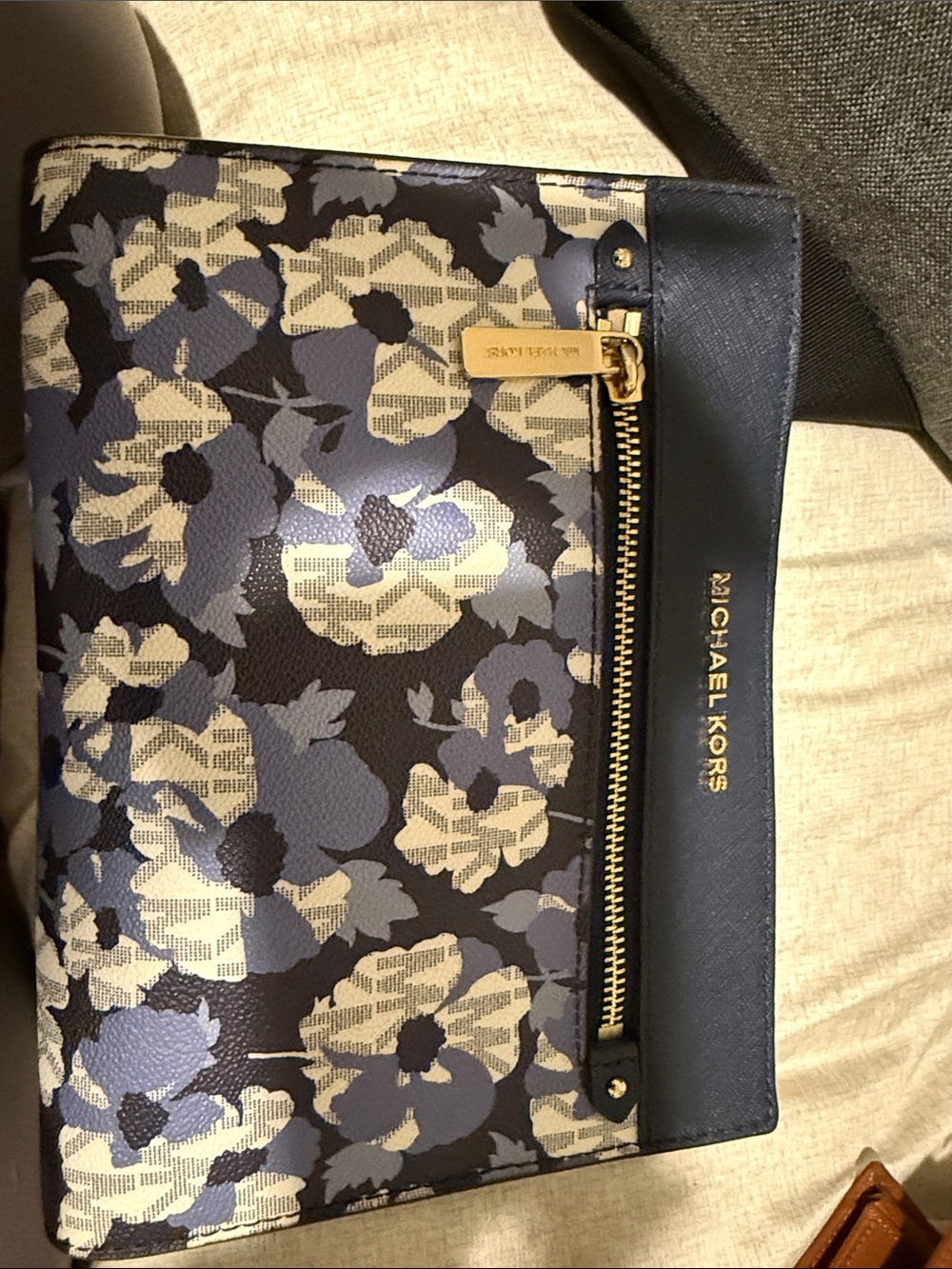 Michael Kors Navy, Cream & Light Blue Floral Zip Clutch